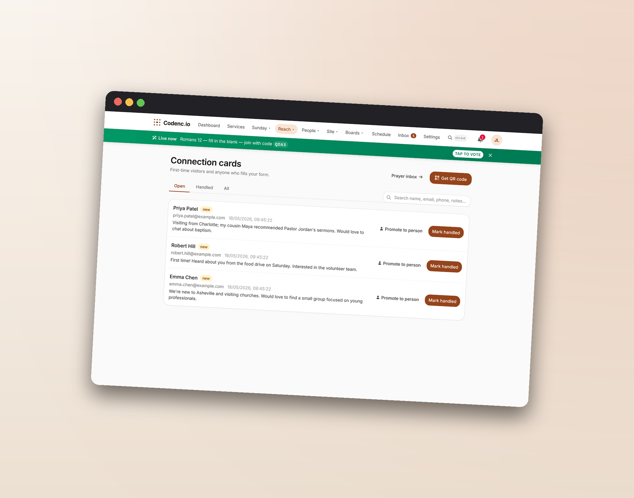 Connection cards inbox with three visitor submissions
