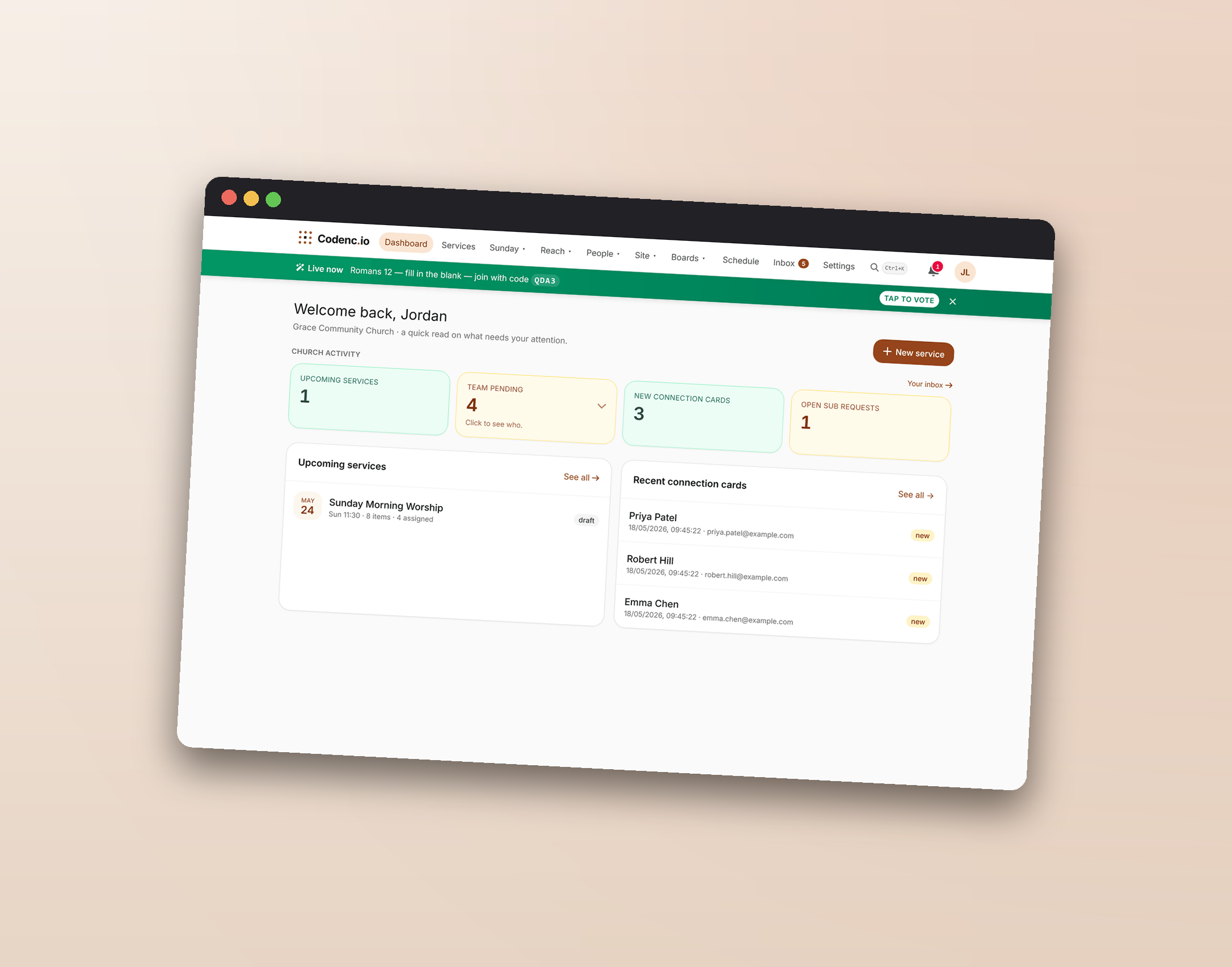Codencio's dashboard for Grace Community Church: welcome card, live banner, activity stats, and the connection-card inbox showing three visitors.