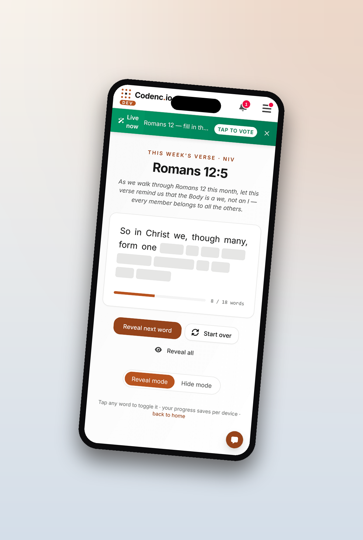 Memory-verse page mid-session on a phone — half the verse revealed, half still in word-shaped boxes